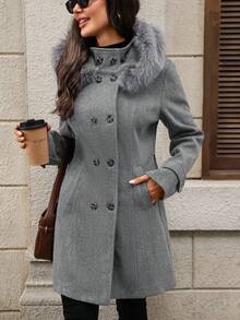 EMERY ROSE Women's Fashionable Double-Breasted Hooded Overcoat, Light Gray - Light Grey - View 6