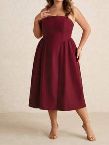 SHEIN CURVE+ Elegant Women's Spaghetti Strap Long Puff Dress, Suitable For Daily Dates, Outings, Nightclubs, Parties, Autumn Season/Christmas