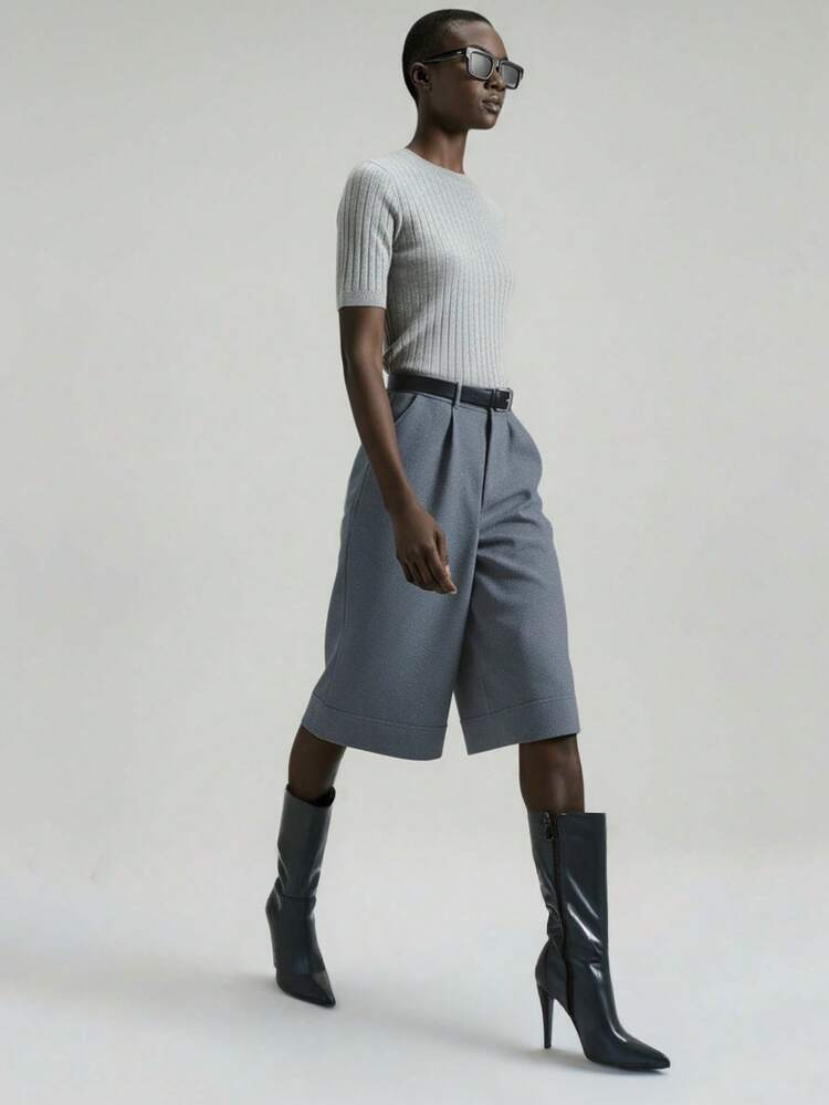 SHEIN Maija Grey Pleated Woolen Trousers For Women, Loose Straight Leg, Minimalist Modern Casual Versatile Maija Fall Winter 2025 Women Christmas Women's Clothing Chic Pants For Women  Stylish Clothing Collection Christmas Clothes Christmas