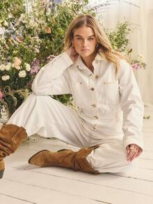Aralina Bộ đồ liền thân denim mùa hè / đông / thu có chi tiết vàng phù hợp với trang phục hòa nhạc đồng quê mùa thu phong cách đường phố Y2K Stockholm - Màu be - Xem 12
