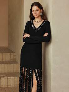 Arave Women's Slim Fit V-Neck Beaded And Rhinestone Button Tassel Design, Elegant Sleeveless Vest Sweater Dress, Perfect For Dates,   Parties, Or Black Parties. - Black - View 5