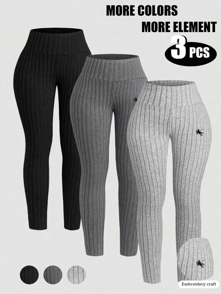 3 Peças Conjunto de Leggings Plus Size com Bordado de Espora Animal, Tecido Canelado, Leggings Skinny Versáteis - Multicolorido - Visão 1