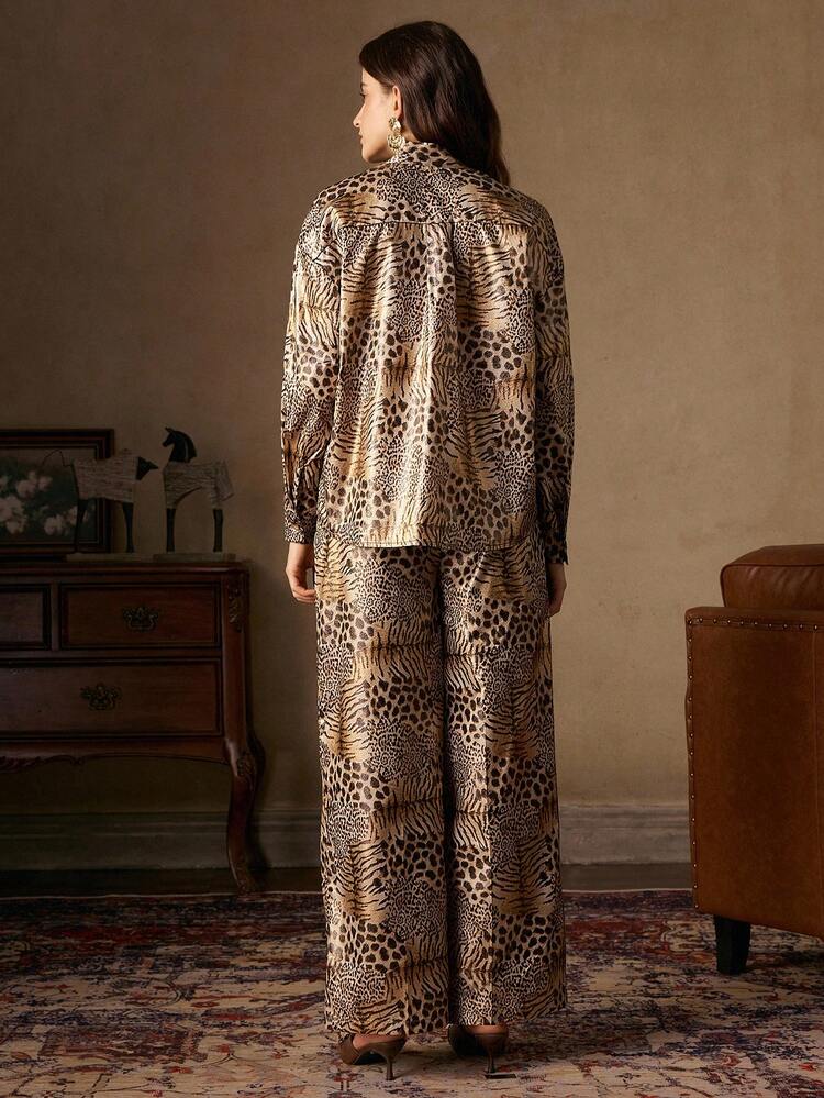 Turtleneck Tie-Up Leopard Print Shirt Set, Suitable For Fall, Winter, New Year, Party, Wedding, Elegant, Chic, Stylish