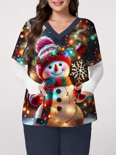 PopScrub Plus Size Women Cute Snowman Graphic V-Neck Short Sleeve Blouse, Suitable For /Nursing Uniforms