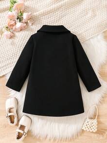 SHEIN Young Girls' Black Double-Breasted Peter Pan Collar Woolen Coat On