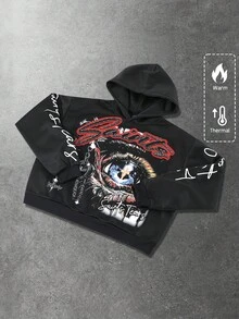 ROMWE MEN Street Life 男士连帽卫衣，休闲街头风，流行美式眼睛图案印花短款连帽衫，秋冬季长袖上衣 - 黑色 - 查看 4