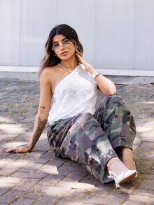 Rayane Ketlyn 女式休闲水洗迷彩喇叭牛仔裤 - 軍綠色 - 查看 6