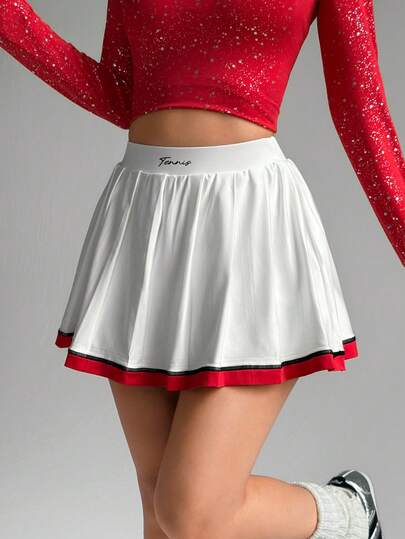 Dewbera Contrast Color Pleated Tennis High Elastic Waistband Front Letter Print Pocket Sports Tennis Skirt Pants