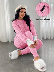 SHEIN SXY 两件套蓝白拼接刺绣针织休闲套装，秋冬款 - 粉色 - 查看 3