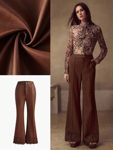 MOTF PREMIUM SLIM-FIT FLARED PANTS WITH LACE HEM AND LEATHER TRIM, COFFEE COLOR - Brown - View 1
