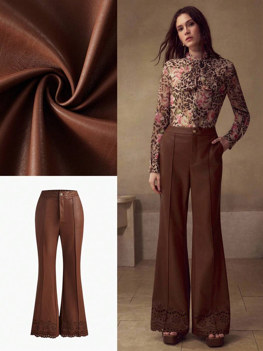 MOTF PREMIUM SLIM-FIT FLARED PANTS WITH LACE HEM AND LEATHER TRIM, COFFEE COLOR - Brown - View 1