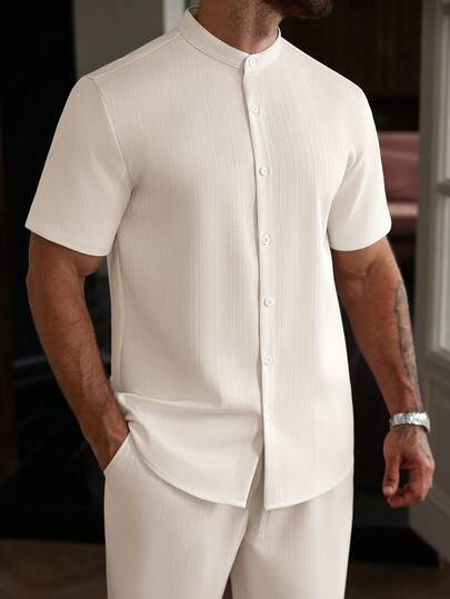 Manfinity Homme Plus Size Men's Simple Casual Solid Color Front Button Short Sleeve Shirt And Pants Set, Summer Men Casual Top And Bottom Set Men Co Ord Set Cream Outfit Men Men Two Pieces Set Summer Men Knitted Set