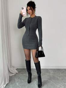 SHEIN PETITE 2件套深灰色束腰修身毛衣裙女秋冬装 - 灰色 - 查看 1