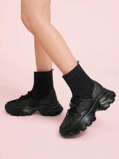 CUCCOO DOLLMOD 女式黑色厚底系带厚底运动鞋踝靴，网眼拼接褶皱鞋面，系带闭合，通勤、户外、街头、健身风格