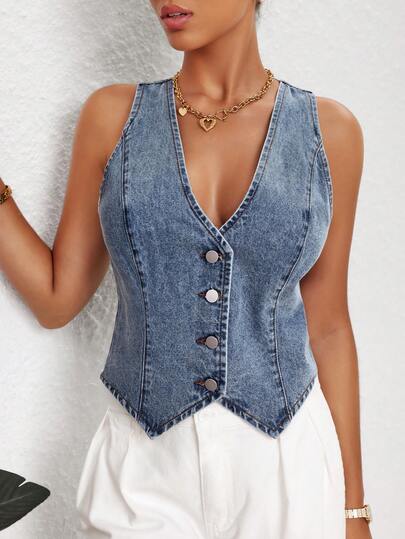 SHEIN Tall Women's V-Neck Single-Breasted Casual Denim Vest Jacket, Autumn