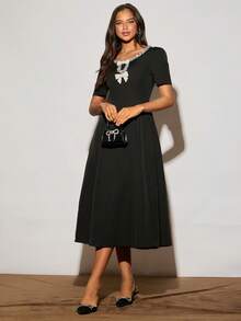 Enchnt 女式亮片装饰蝴蝶结泡泡袖优雅长裙 - 黑色 - 查看 5