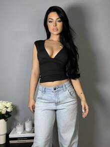 Vassilux Women Deep V Neck Fitted Casual Tank Top, Spring/Summer - Black - View 1