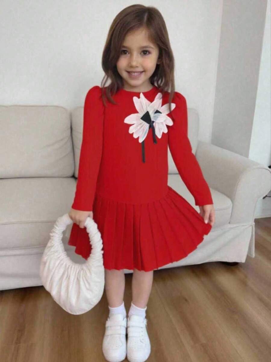 SHEIN Elladie kids 女童时尚白色花朵装饰褶皱下摆黑色圆领长袖连衣裙,舒适时尚,秋冬款 - 紅色 - 查看 1
