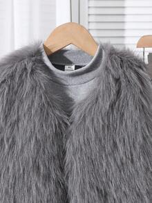 Elladie kids Tween Girls Casual Elegant Round Neck Long Sleeve Top, Paired With Pants, Vest, And Gray Cardigan Outfit - Grey - View 4