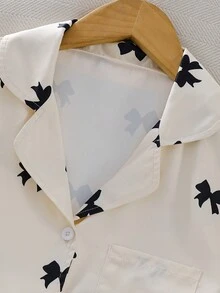 少女两件套睡衣，优雅杏色，黑色蝴蝶结图案印花，阻燃面料，长袖上衣和裤子 - 杏色 - 查看 7