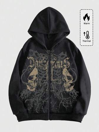 Grunge Punk Men's Skull Letter Print Zip Up Hoodie With Long Sleeve, School, Fall/Winter