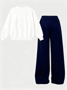 Girlism 少女秋冬白色宽松针织“原创”字母印花保暖内衬卫衣和宽松直筒运动裤两件套 - 藏蓝色 - 查看 2