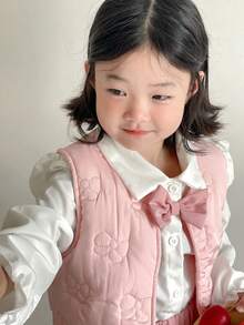 SHEIN 3pcs/Set Young Girls Autumn/Winter New 2025 Outfit, Collar Ruffle Flutter Sleeve Elastic Cuff Cardigan, Bow Vest, Pink Pleated Skirt, Sweet & Fashionable Versatile 3-Piece Set - Multicolor - View 6