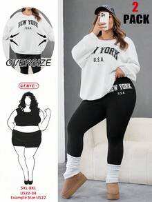 SHEIN CURVE+ 大尺碼女款休閒寬鬆圓領運動衫＋緊身長褲兩件套，秋冬運動正式穿搭，白色、黑白配色 - 黑與白 - 查看 1