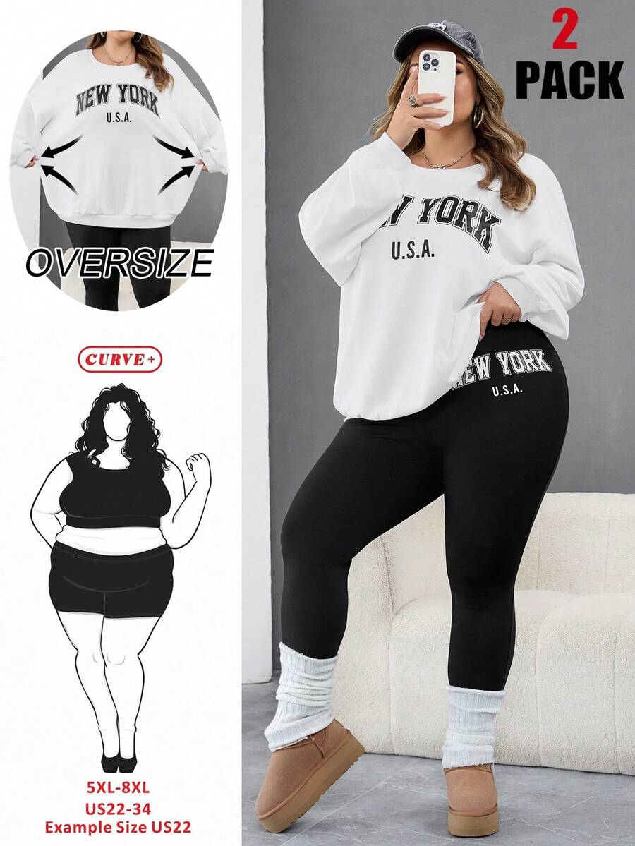 SHEIN CURVE+ 大尺碼女款休閒寬鬆圓領運動衫+緊身長褲兩件套,秋冬運動正式穿搭,白色、黑白配色 - 黑與白 - 查看 1