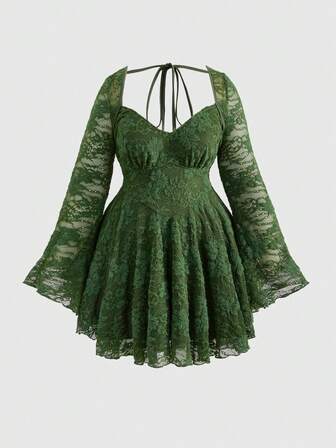 Goth Plus Size Vintage Green Lace Flare Sleeve Women Dress