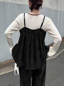 FRIFUL 两件套女士竖纹吊带荷叶边宽松上衣和松紧腰阔腿裤套装 - 鏽棕色 - 查看 6