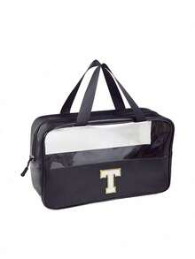 1PC Transparent Letter Toiletry Bag,Fashionable New Square Solid Color Makeup Bag With Embroidery Letters Summer Travel, Vacation Home Bathroom Decor Holiday Makeup Organizer Bathroom Accessories Back To School - Black - View 21