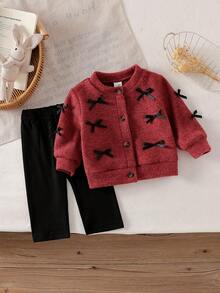 SHEIN Newborn Casual Autumn/Winter Fashion Knitted Bow Jacket And Solid Color Pants Set - Burgundy - View 2
