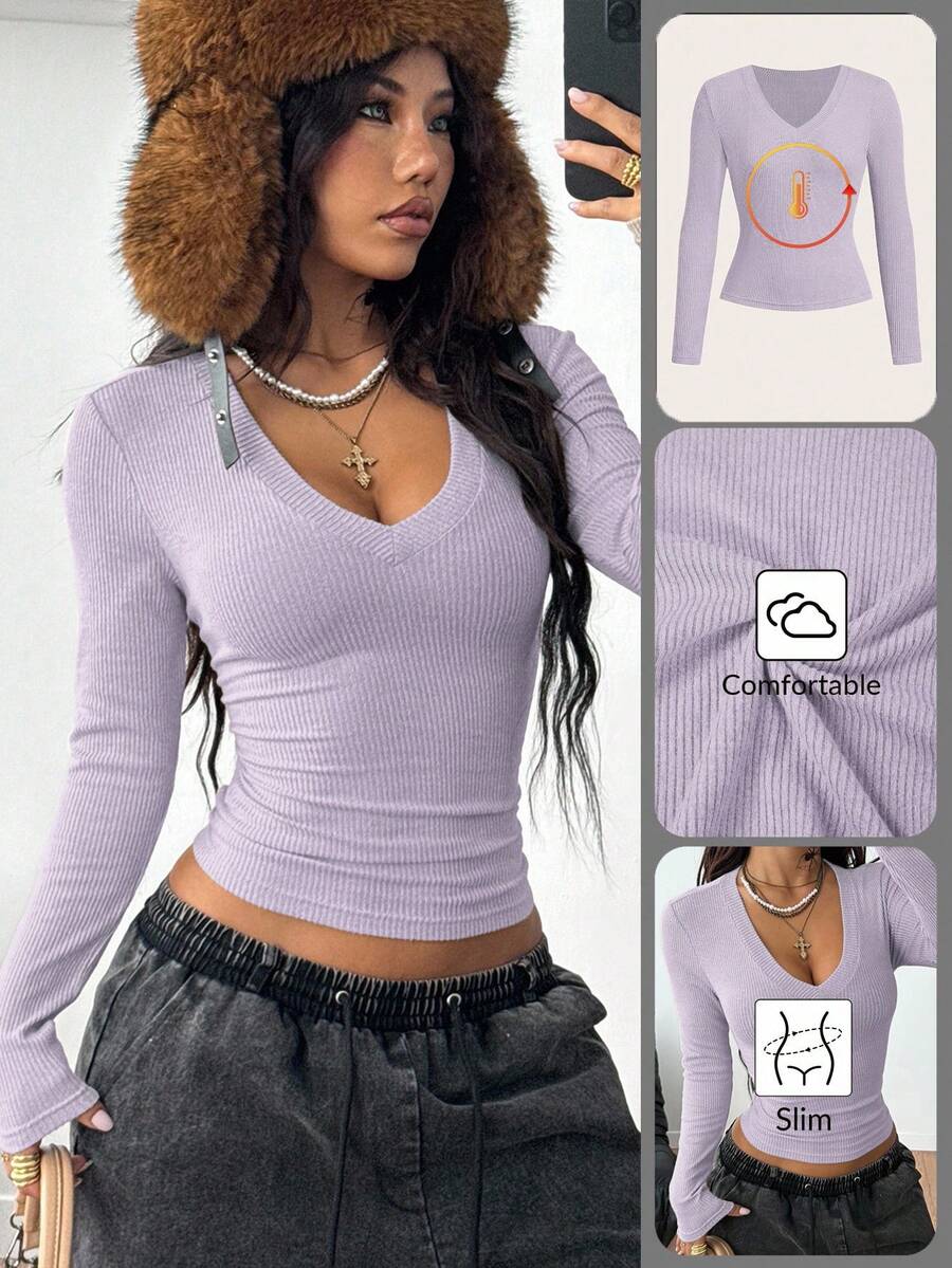 Coolane 女式秋冬街头服饰文艺复兴博览会基本款罗纹针织保暖/寒冷天气/保暖弹力长袖 V 领 T 恤 - 淡紫色 - 查看 1