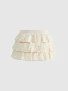 ROMWE Kawaii Cute Bow Lace Patchwork Low Waist Mini Knit Skirt - Beige - View 2