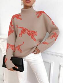 SHEIN Clasi Women's Casual Animal Pattern Stand Collar Sweater, Autumn/Winter, Christmas - Apricot - View 3