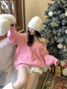 DAZY Suéter de mujer de unicolor con cuello en V, manga larga y trenzado