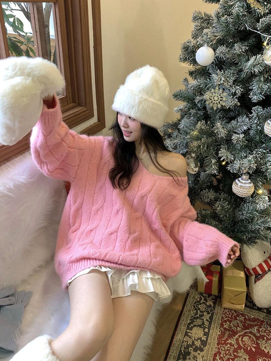 DAZY Suéter de mujer de unicolor con cuello en V, manga larga y trenzado