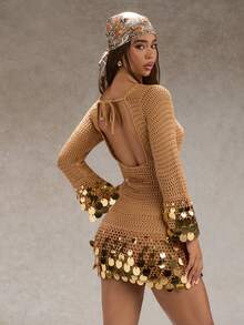 SHEIN Glamour 女士亮片针织连衣裙，长袖，镂空 - 卡其色 - 查看 2