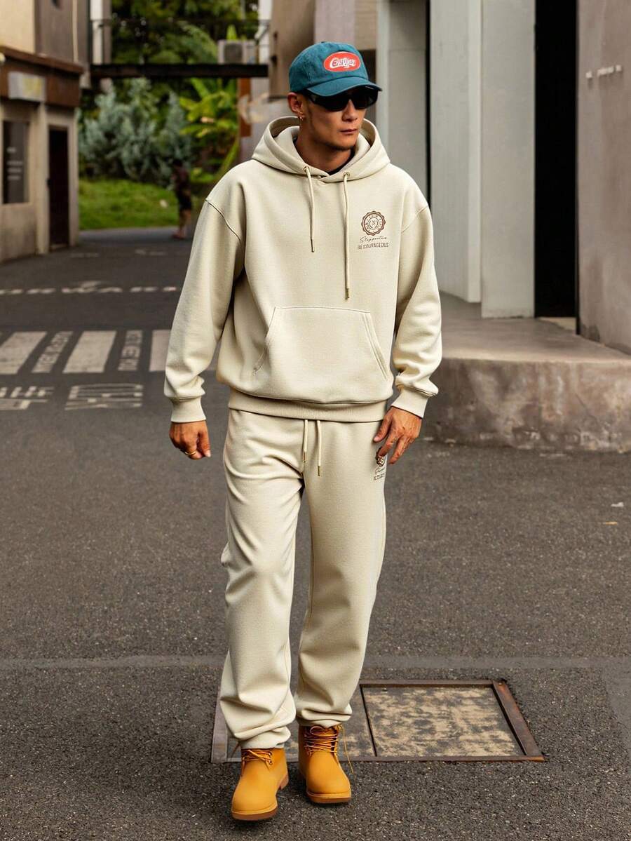 DAZY Autumn/Winter Letter Print Thermal Lined Hoodie Set For Men, Apricot Color - Apricot - View 1
