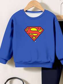 SHEIN Superman X Champster 2pcs/Set Young Boys Casual Loose Comfortable Cartoon Style Long Sleeve Sweatshirt And Pants Set, Suitable For Summer Fall Winter