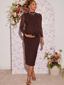Loomaby Vestido de maternidad elegante de unicolor y ajustado para fiesta - Marrón - Ver 5