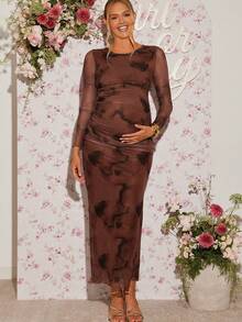 Loomaby Pregnant Women's Tie-Dye Print Round Neck Long Sleeve Ruched Fitted Elegant Dress Brown Maternity Dress Pregnant Dress Long Brown Dress Pregnancy Photoshoot Dress Brown Elegant Dress Women  Dress Gender Reveal Dress Maternity Dress Baby Shower Dress Maternity Long Dress - Brown - View 5