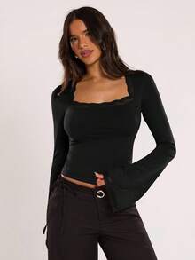 SHEIN BAE Camiseta básica casual de mujer con adorno de encaje en unicolor - Negro - Ver 1