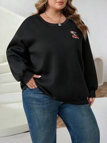 SHEIN CURVE+ Plus Size Casual Simple Cherry Embroidery Pattern Round Neck Long Sleeved Loose Women's Sweatshirt - Black - View 4