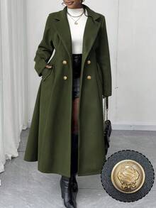 Maweii Plus Size Women's Square Neck Lapel Open Front Water Blue A-Line Pocket Mid-Length Elegant Vintage Casual Cute Overcoat, Autumn/Winter - Army Green - View 1