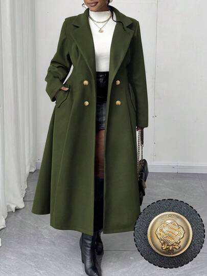 Maweii Plus Size Women's Square Neck Lapel Open Front Water Blue A-Line Pocket Mid-Length Elegant Vintage Casual Cute Overcoat, Autumn/Winter