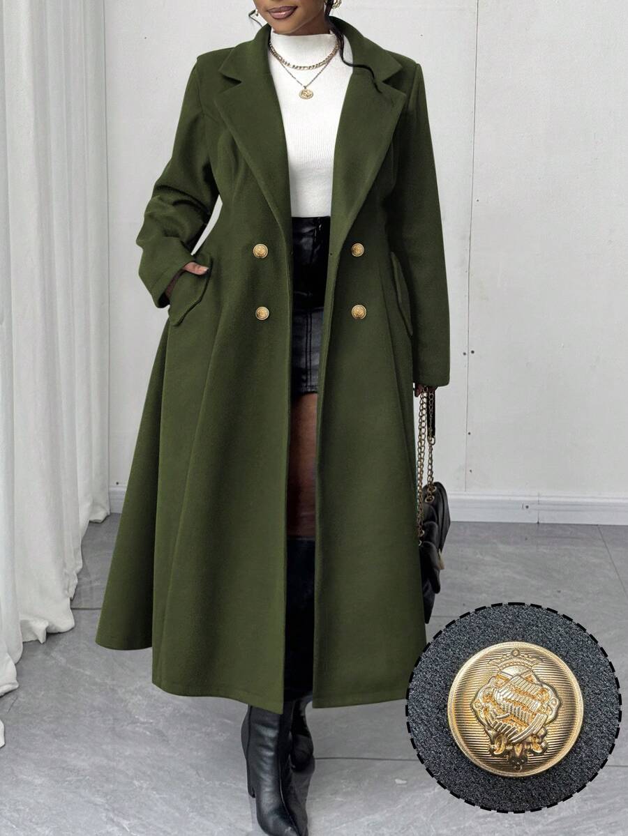 Maweii Plus Size Women's Square Neck Lapel Open Front Water Blue A-Line Pocket Mid-Length Elegant Vintage Casual Cute Overcoat, Autumn/Winter - Army Green - View 1