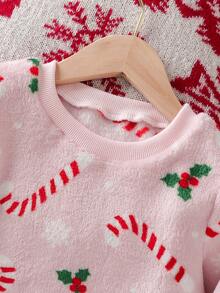 2pcs/Set Young Girls' Christmas Candy Cane Print Fleece Pajamas,Soft&Comfortable Pullover Sleepwear Pink Holiday Autumn Family Matching Fall Winter - Pink - View 7