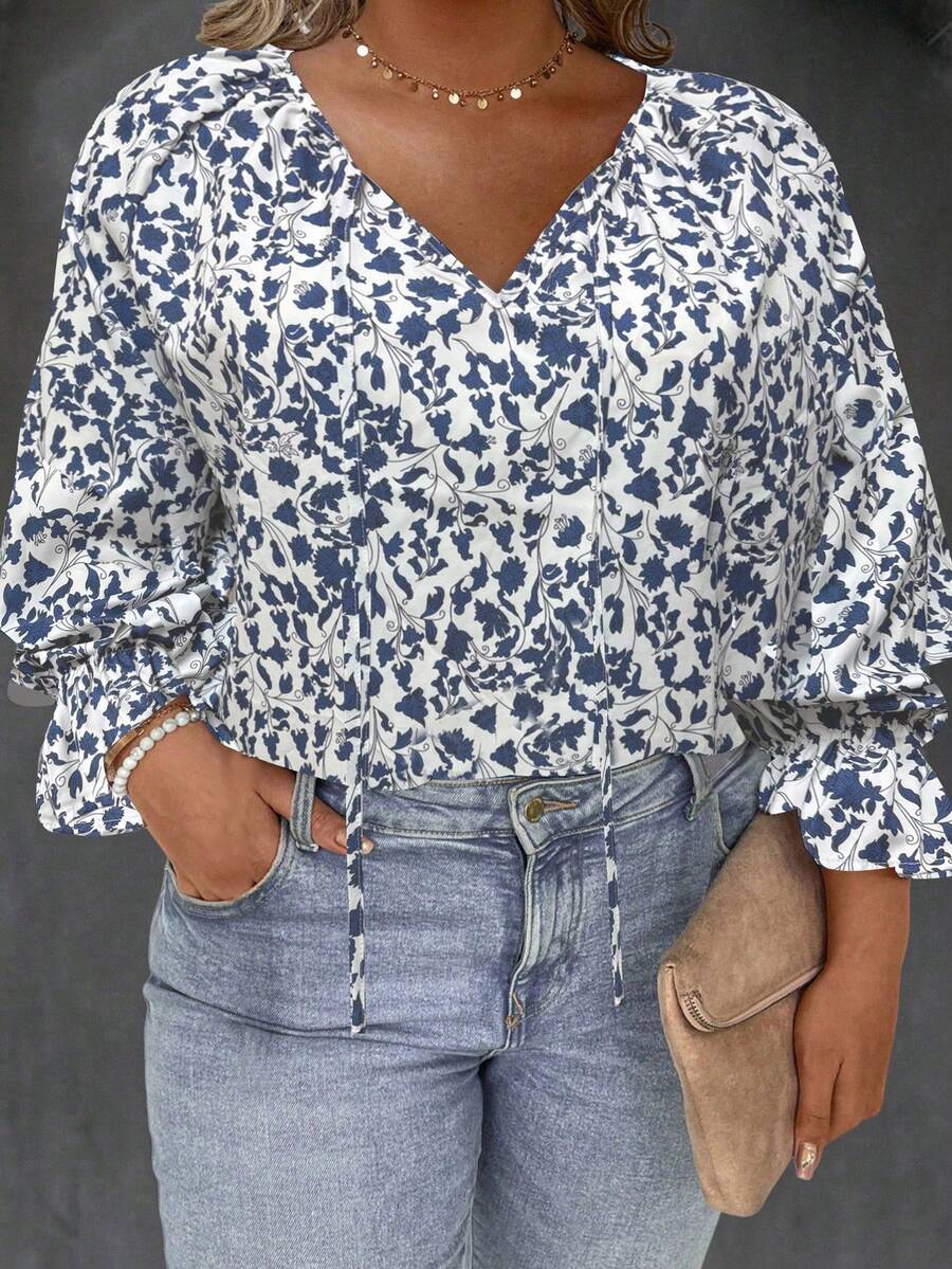 EMERY ROSE Plus Size Women All-Over Print Front Tie Long Sleeve Casual Shirt - Navy Blue - View 1